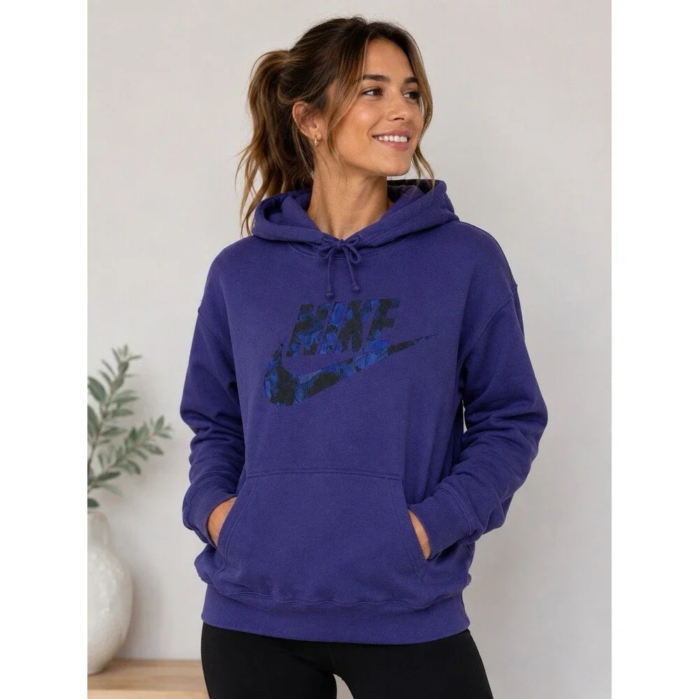 Nike Women’s Purple Fleece Pullover Hoodie Camo Logo Kangaroo Pocket Large